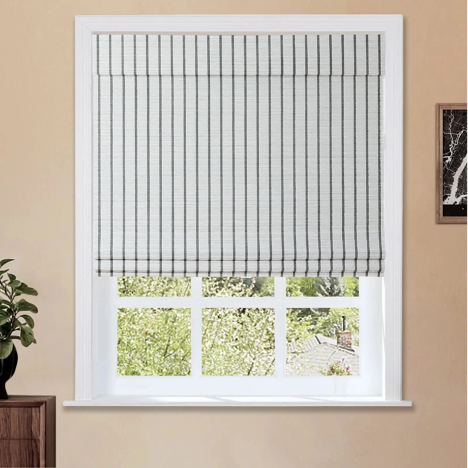 Natural Bamboo Woven Window Shade - Blue & White Handmade Eco-Friendly Roller Blind for Living Room, Bedroom & Office Decor