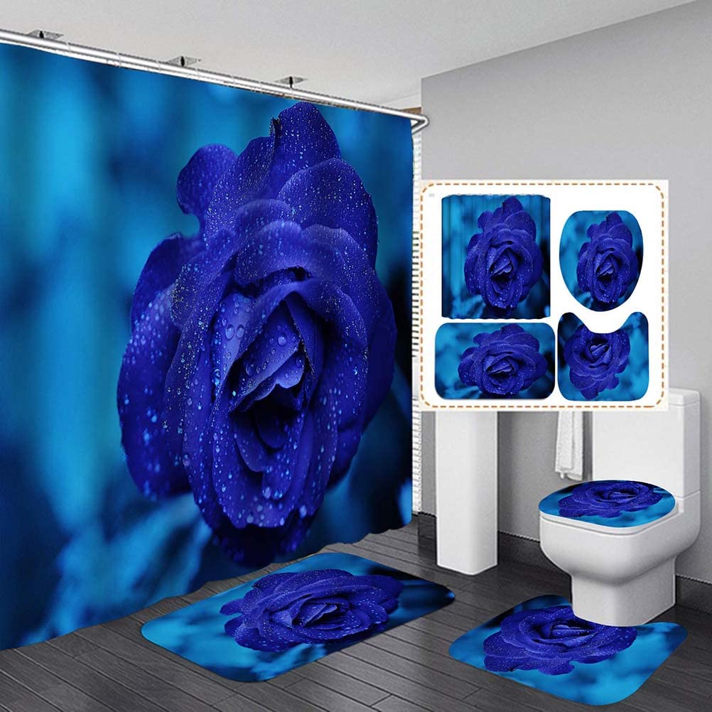 4PCS Blue Rose Shower Curtain Set with Non-Slip Bath Rugs - Vintage Floral Bouquet Design for Bathroom Decor | Perfect for Wedding, Bridal Shower, Anniversary & Valentine's Day | Royal Rose Pattern | Waterproof & Stylish Bathroom Accessories for Home Decor