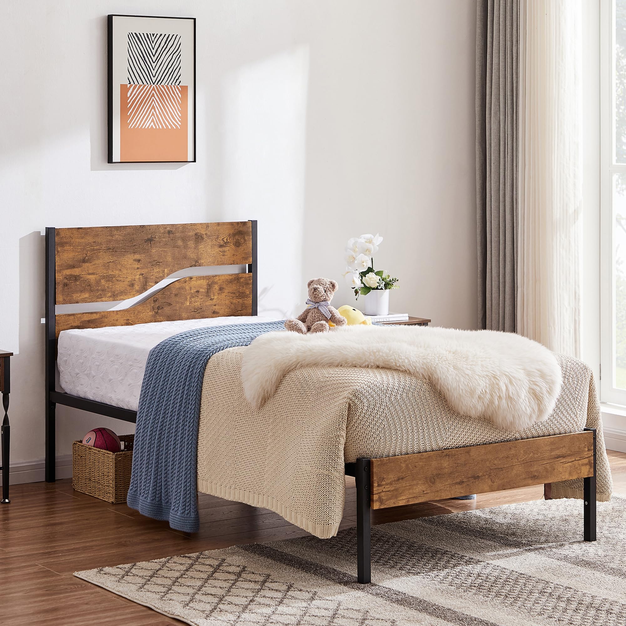 VECELO Twin Size Platform Bed Frame with Rustic Vintage Wood Headboard - Sturdy Metal Slats Support, No Box Spring Required | Perfect for Small Bedrooms, Guest Rooms & Dorm Rooms