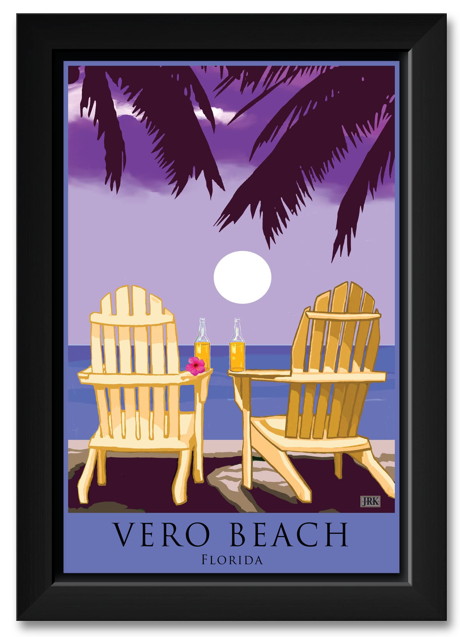 Vero Beach Florida Adirondack Chairs Palms Corona Framed Art Print - 14x20 Inch Coastal Wall Decor by Artist Joanne Kollman - Perfect for Beach House, Porch or Living Room Decor