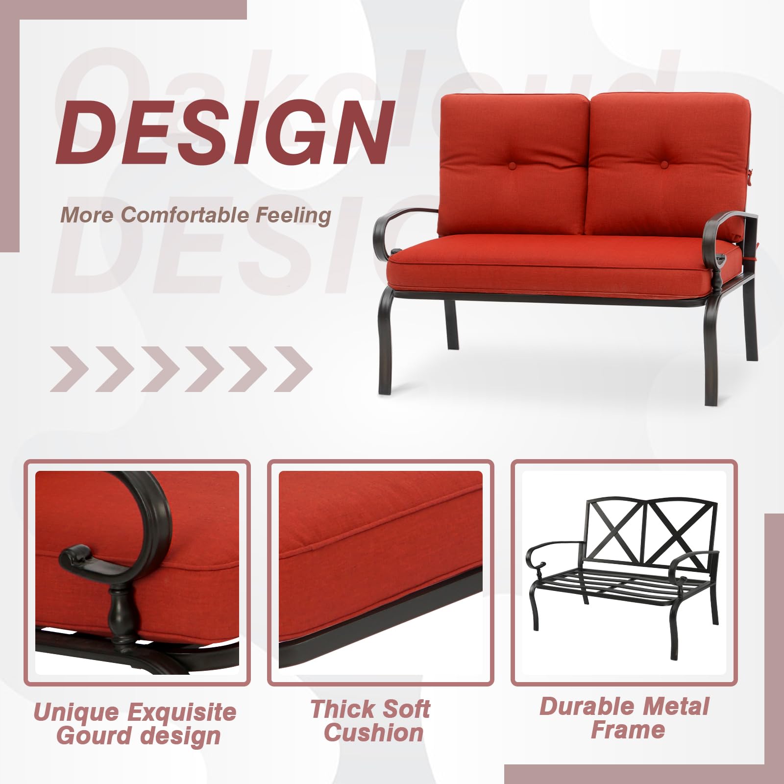 **Oakcloud Outdoor 2-Piece Patio Loveseat Bench Set with Thick Cushions & Coffee Table - Wrought Iron Look, Metal Frame Furniture (Red) - Perfect for Garden, Backyard, and Poolside Relaxation**