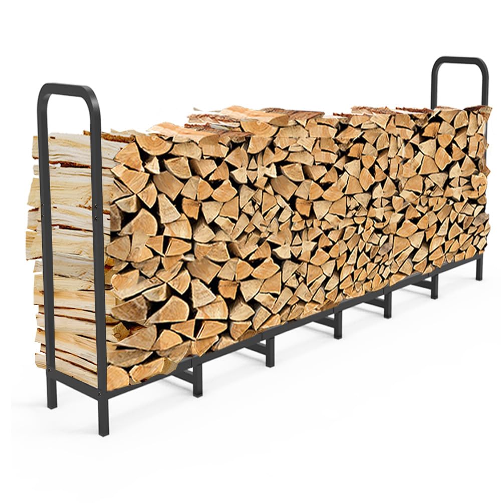 8ft Heavy Duty Adjustable Firewood Rack Holder - Metal Fireplace Log Stacker Stand for Indoor & Outdoor Use - Patio Wood Storage Organizer with Black Finish - Perfect for Fireplace, Backyard, Camping & Woodpile Organization