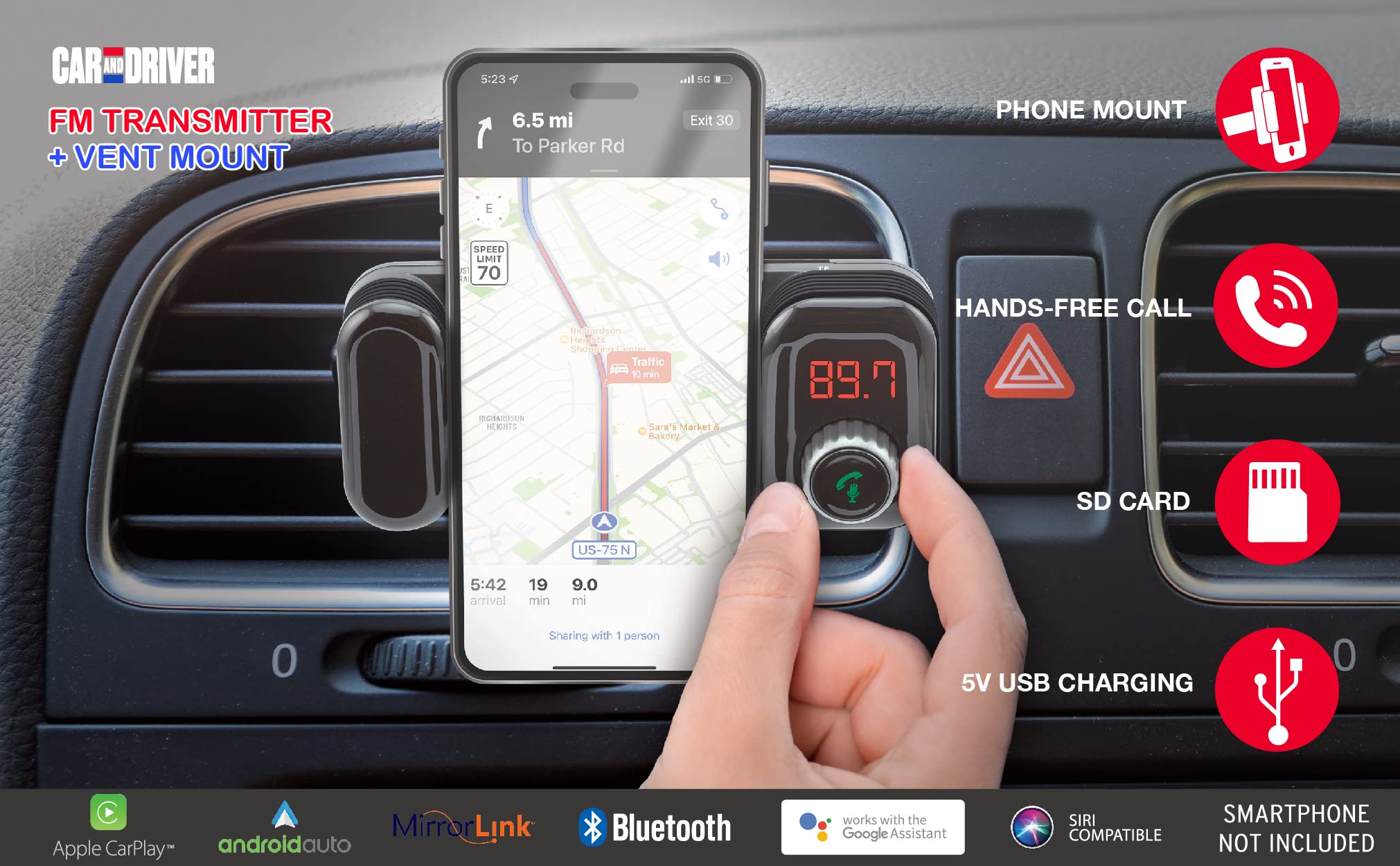 Car and Driver Bluetooth FM Transmitter with Car Vent Phone Mount | Hands-Free Calling, USB Charging, Siri Compatible, TF Card Slot, Secure Grip, Universal Fit for Streaming Audio in Car