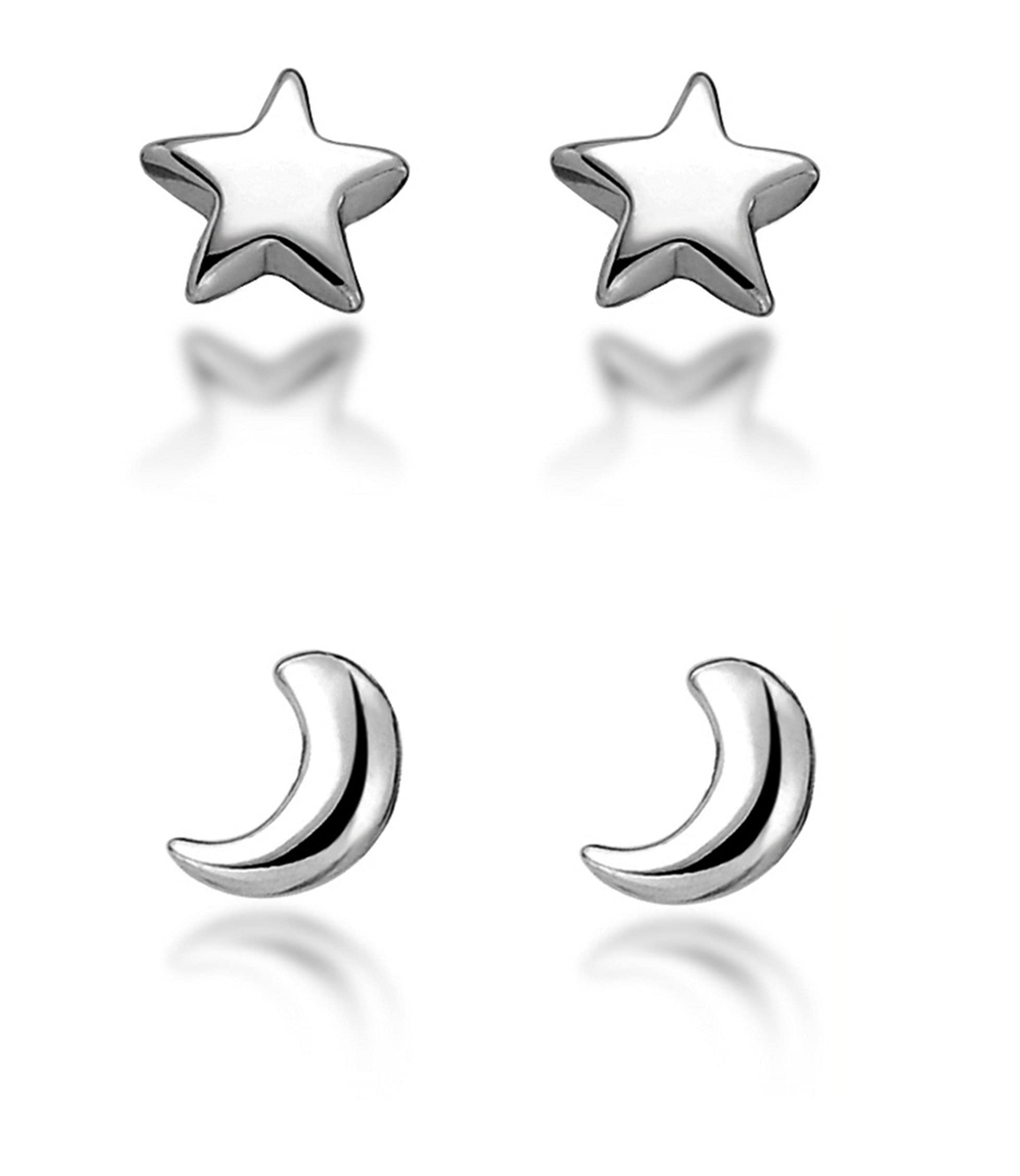 2 Pairs Sterling Silver Stud Earrings - Cross Circle (XO), Moon Star & Bead Ball Designs for Women, Men & Teens | Hypoallergenic Jewelry for Everyday Wear, Gifts & Special Occasions