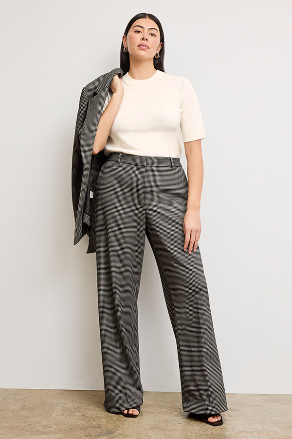 Tinsley Wide Leg Pants for Women - Soft Knit Suiting Fabric with Classic Check Pattern | Office Wear & Casual Outfits