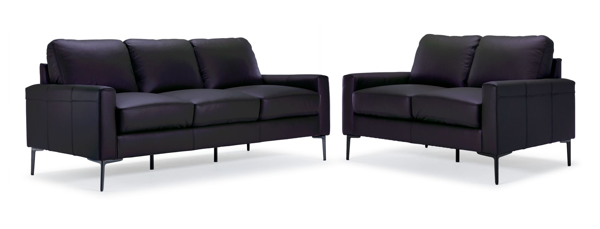 Premium Chito Leather Sofa and Loveseat Set in Raven Black - Modern Living Room Furniture for Home, Office, or Lounge