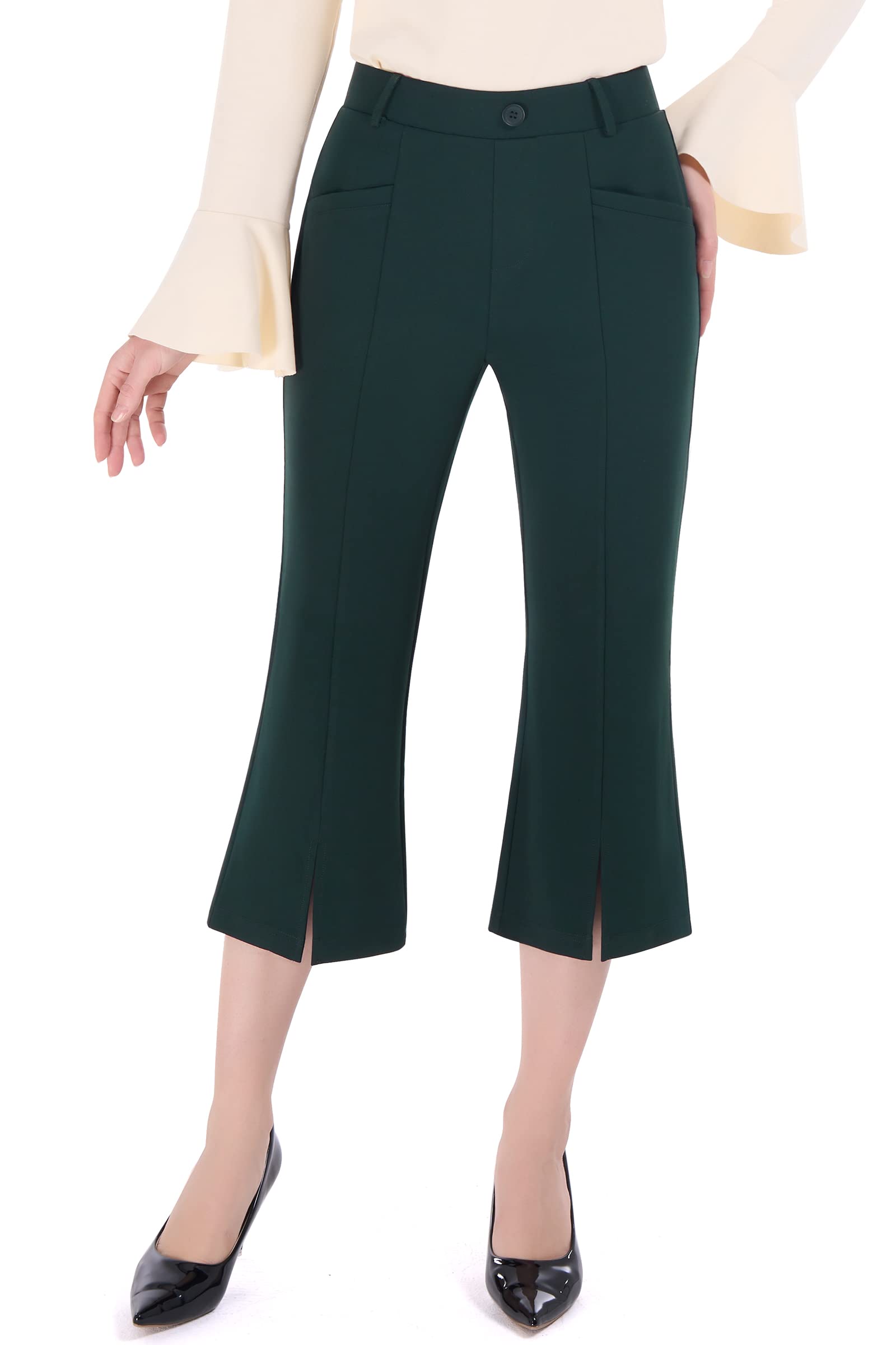 PUWEER Women's Stretchy Flare Capri Pants - Business Casual Dress Pants with Pockets for Summer, Office & Work | Comfortable Cropped Work Pants for Professional & Dressy Occasions
