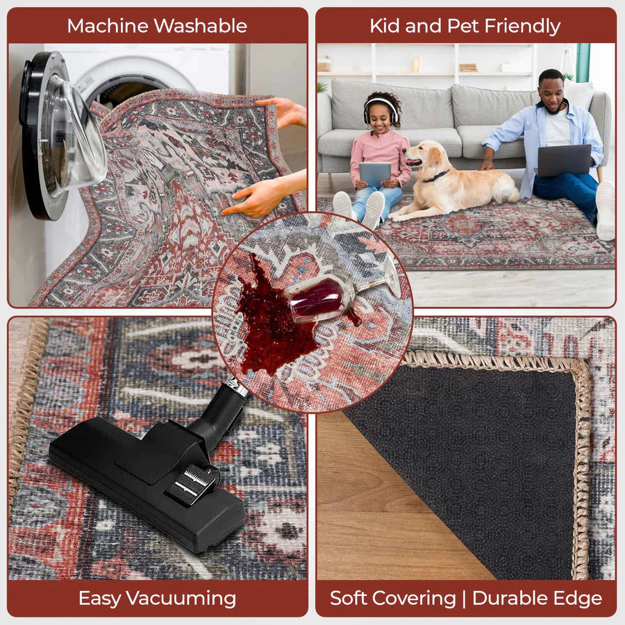 Handmade Rustic Medallion Border Area Rug - Non-Slip Indoor Runner for Living Room, Bedroom & Hallway - Boho Chic Home Decor