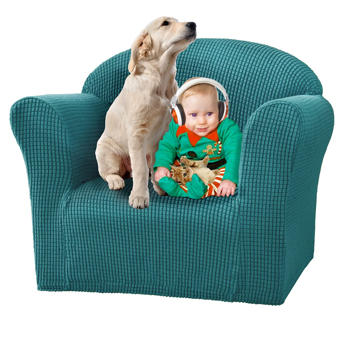Stretchable Jacquard Kids Sofa Cover - Soft Armchair Slipcover for Toddlers & Children, Mini Size 1-Seat Couch Protector (Blue) - Perfect for Playrooms, Nurseries & Living Rooms