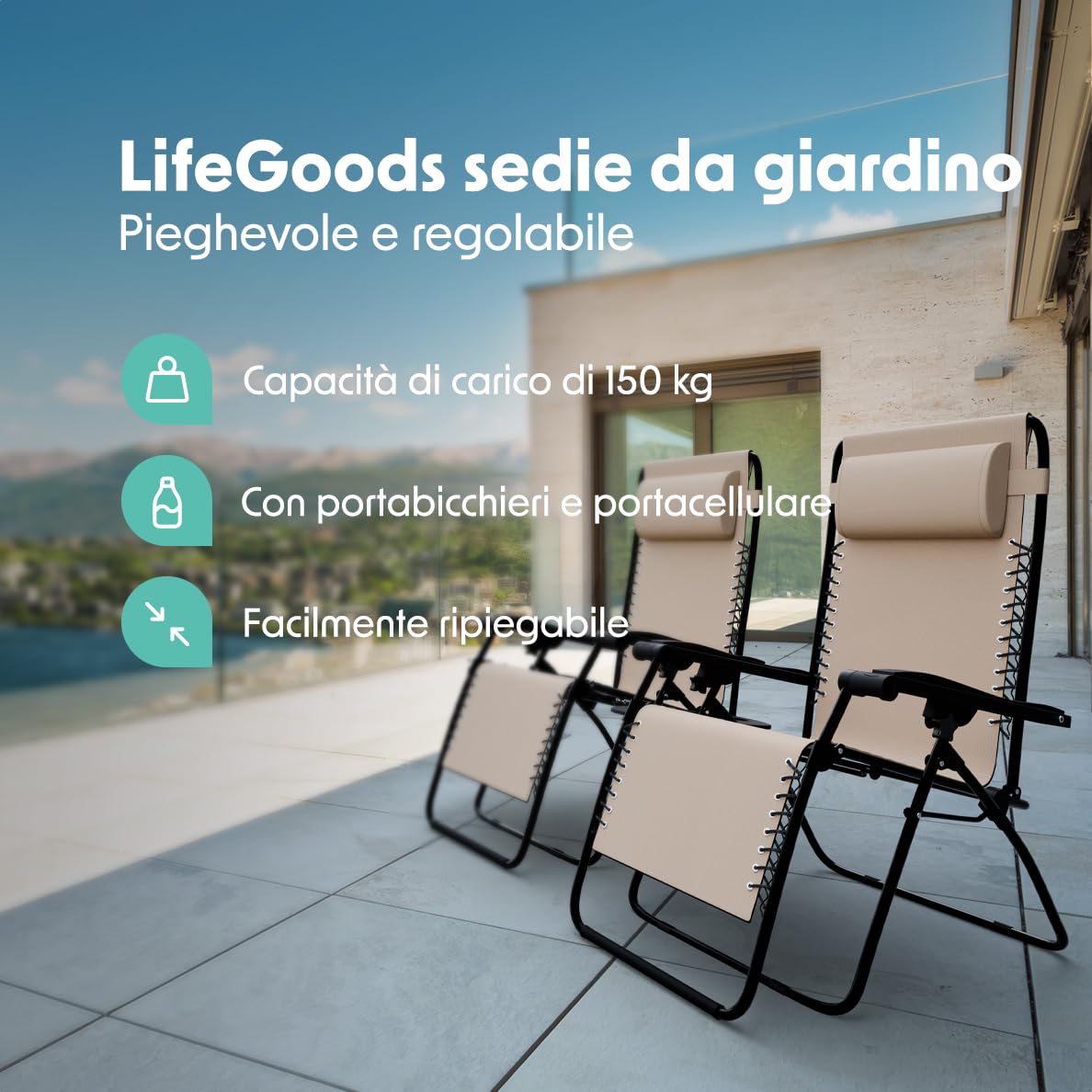LifeGoods Folding Garden Sun Lounger Chair - Adjustable Zero Gravity Outdoor Recliner for Patio, Poolside, Beach & Camping - Portable & Lightweight Deck Chair for Relaxing in Sun