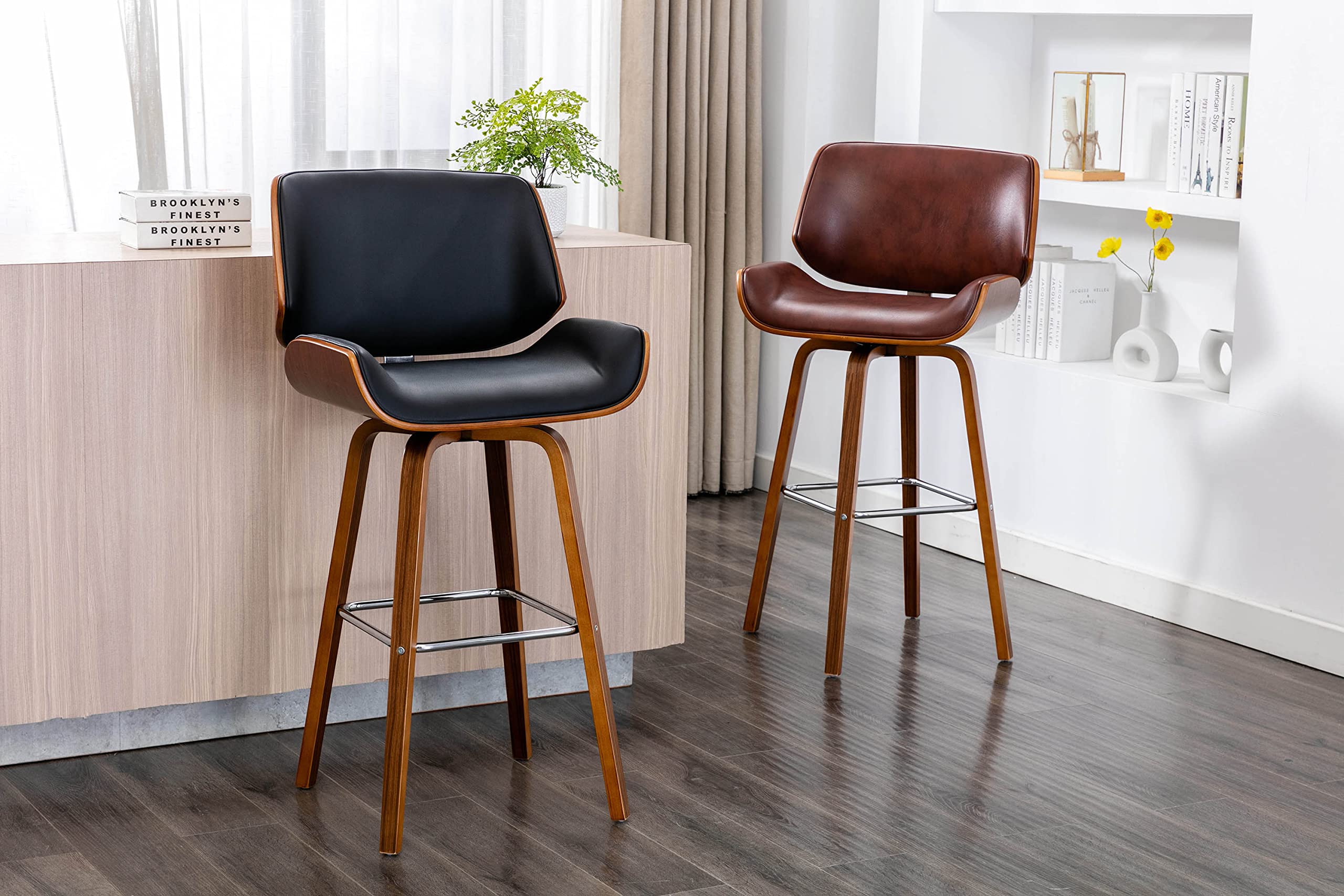 Porthos Home Oma Swivel Bar Stool - PU Leather Upholstered Counter Stool with Walnut Wood Legs & Chrome Footrest, Armless Design for Kitchen Island, Breakfast Bar or Home Pub - Perfect for Entertaining & Casual Dining