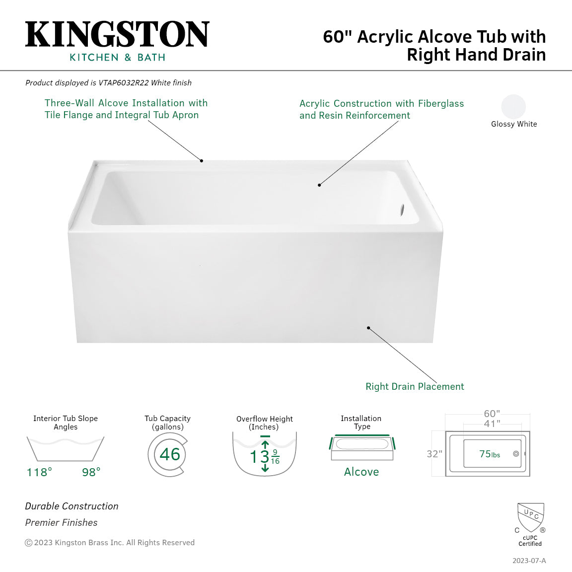 Aqua Eden VTAP6032R22 60 Inch Acrylic Rectangular 3 Wall Alcove Bathtub - Right Hand Drain Hole, Glossy White - Perfect for Modern Bathroom Renovations & Spa-Like Relaxation