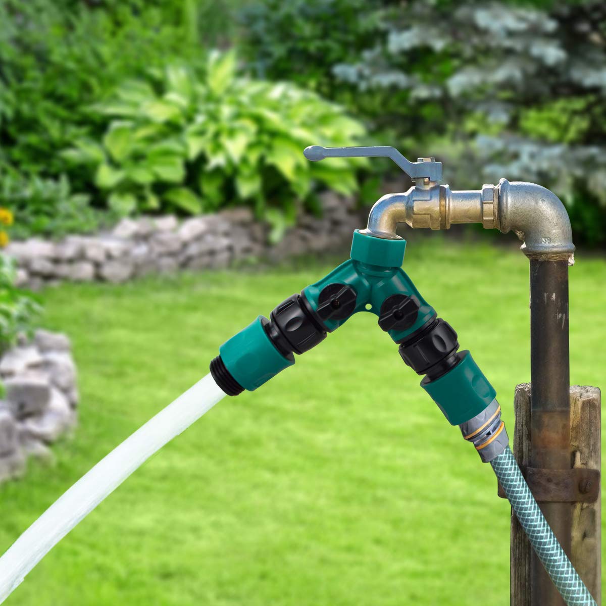 JUSONEY 2-Way Garden Hose Splitter with Valves - for Faucets & Watering Equipment