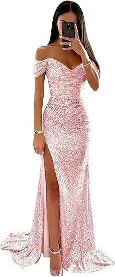 Elegant Off Shoulder Sequin Mermaid Maxi Dress for Women | 2025 Prom Party Evening Gown | Perfect for Formal Events, Weddings & Special Occasions