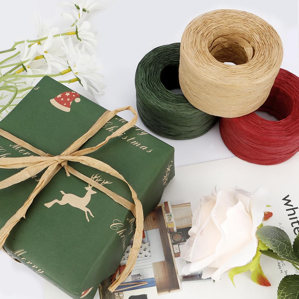 3 Roll Christmas Ribbon for Gift Wrapping - 50 Yards Each, Red Green Kraft Paper Raffia Ribbon for Holiday Decorations, Christmas Tree Trimming & Present Packaging - Perfect for DIY Crafts, Party Favors & Festive Home Decor