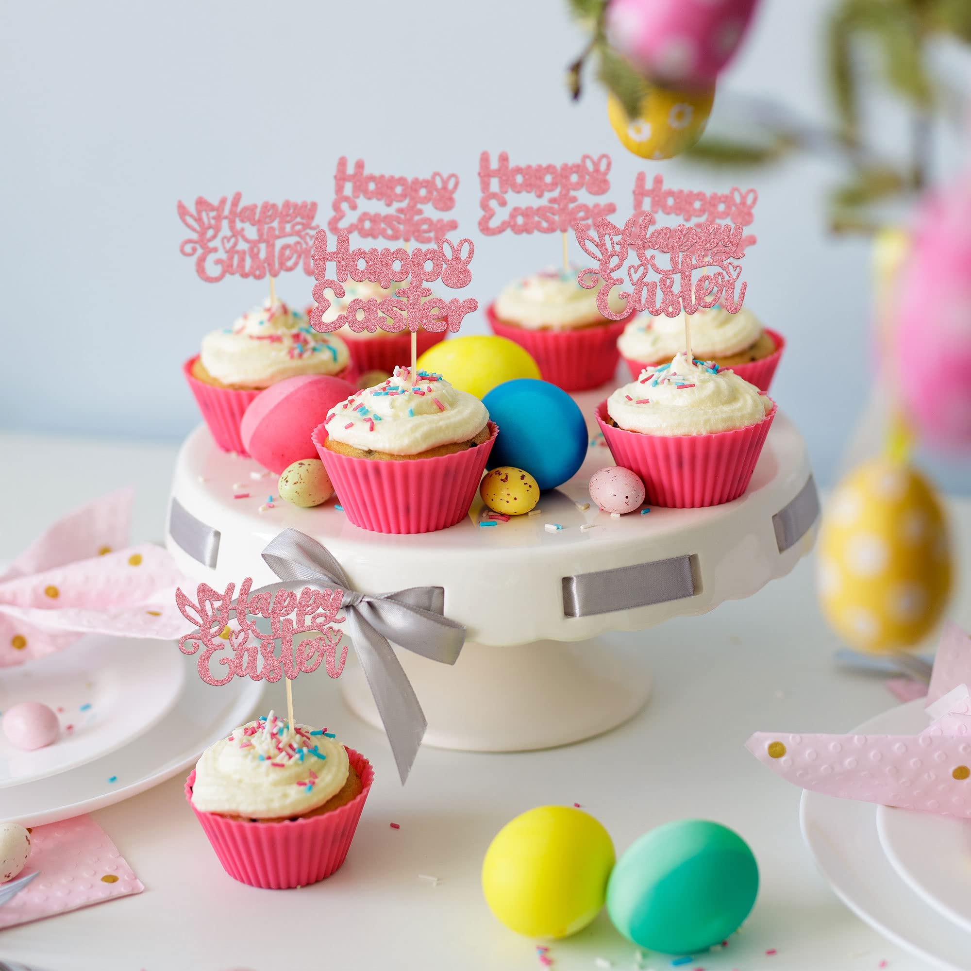 Pink Glitter Easter Bunny Cupcake Toppers - 24Pcs Happy Easter Cake Decorations for Easter Party, Spring Birthday & Baby Shower - Adorable Bunny Toppers for Cupcakes, Cakes & Desserts