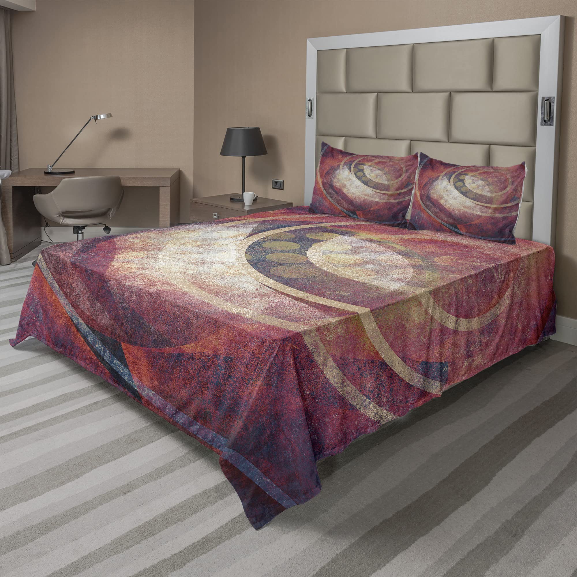 Ambesonne Vintage Sheet Set - King Size 4-Piece Bedding with Antique Grunge Circles Design in Red & Yellow | Perfect for Retro, Boho & Farmhouse Bedroom Decor