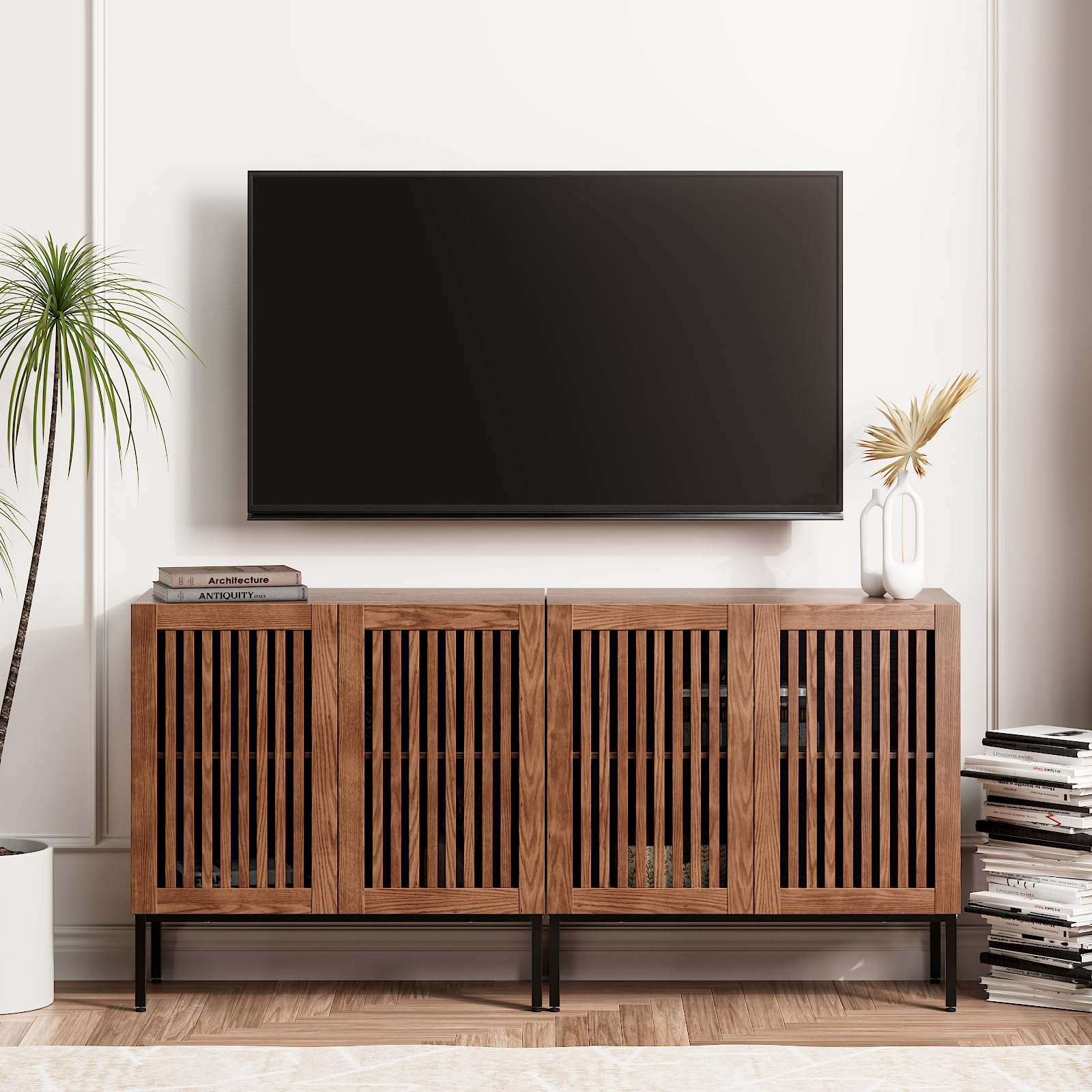 Farmhouse TV Stand for 70 Inch TVs - 2-in-1 Entertainment Center with Storage Cabinets & Metal Base - Rustic Brown Media Console for Living Room - Perfect for Home Theater Setup & Living Room Organization
