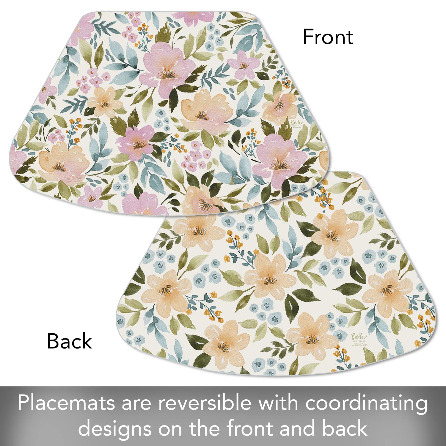 CounterArt Cascade Floral Reversible Plastic Placemats - 4 Pack, Wedge Shaped, 17.75