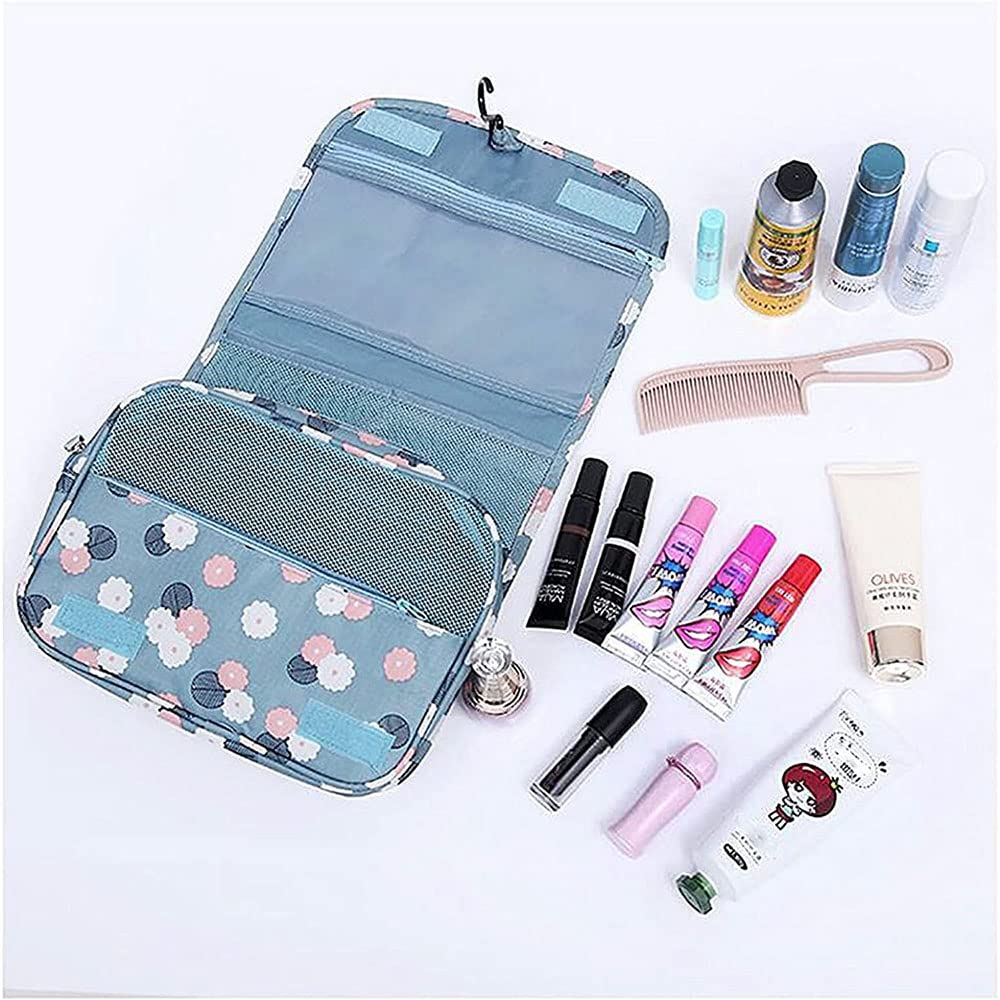 Trawila Travel Hanging Toiletry Bag for Men & Women - Waterproof Cosmetic Organizer with Sturdy Hook, Perfect for Bathroom & Makeup Storage (Blue Floral Design) | Ideal for Camping, Gym & Business Trips