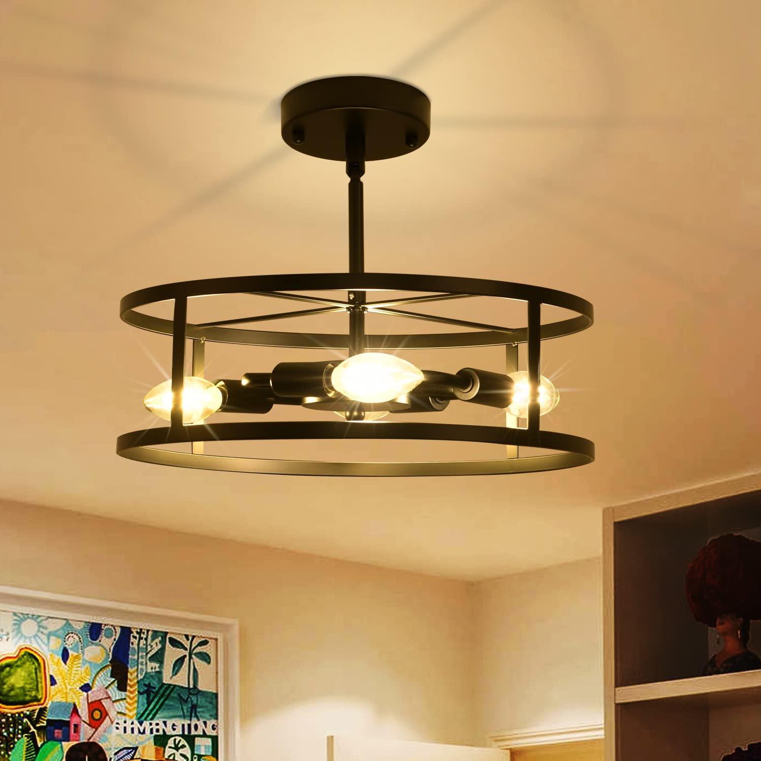 **ADSENSTY 4-Light Black Semi Flush Mount Ceiling Light - Farmhouse Kitchen Island Pendant Chandelier with Cage for Dining Room, Living Room, Bedroom, Hallway, Entryway & Foyer - Perfect for Modern & Rustic Home Decor**
