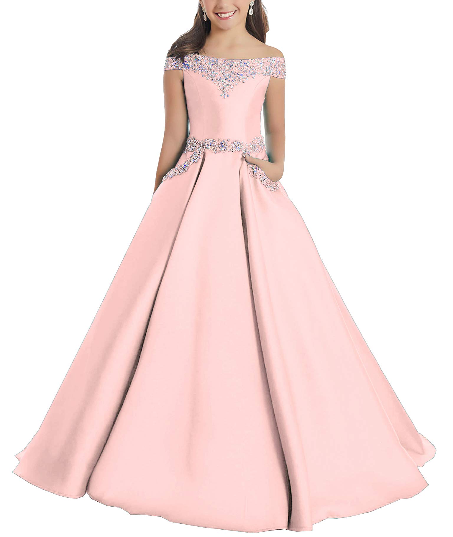 Junguan Off Shoulder Flower Girl Pageant Dress - Long Princess Birthday Formal Party Ball Gown A-Line with Pockets TF001 | Perfect for Pageants, Weddings, Birthday Parties & Special Occasions