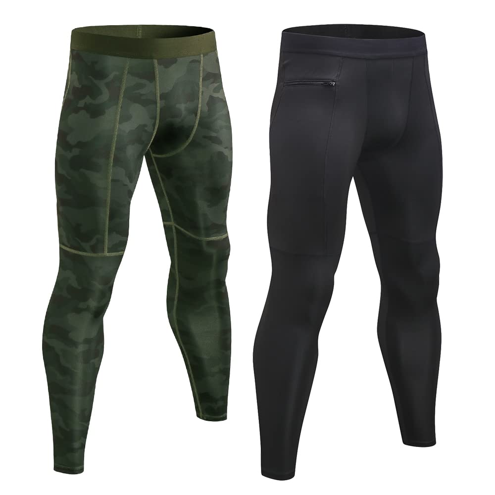 EARGFM Men's Compression Pants with Zipper Pockets - Athletic Workout Leggings, Running Tights, Quick-Dry Base Layer for Gym, Jogging & Outdoor Activities