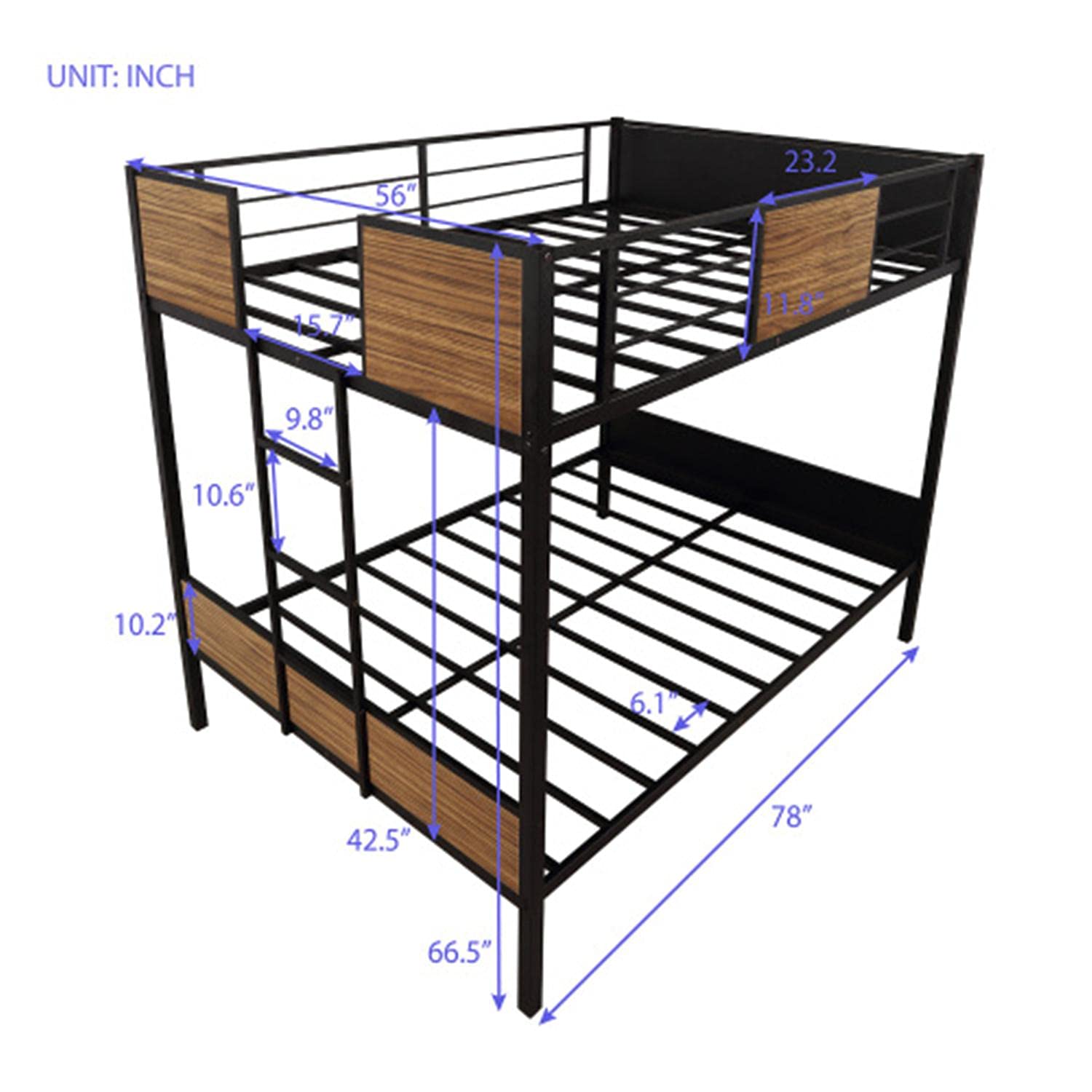Full-Over-Full Bunk Bed Frame with Ladder - Modern Steel Bunk Bed with Safety Rail for Kids, Teens & Adults - Space-Saving Bedroom Solution for Small Rooms, Dorms & Guest Rooms (Brown)
