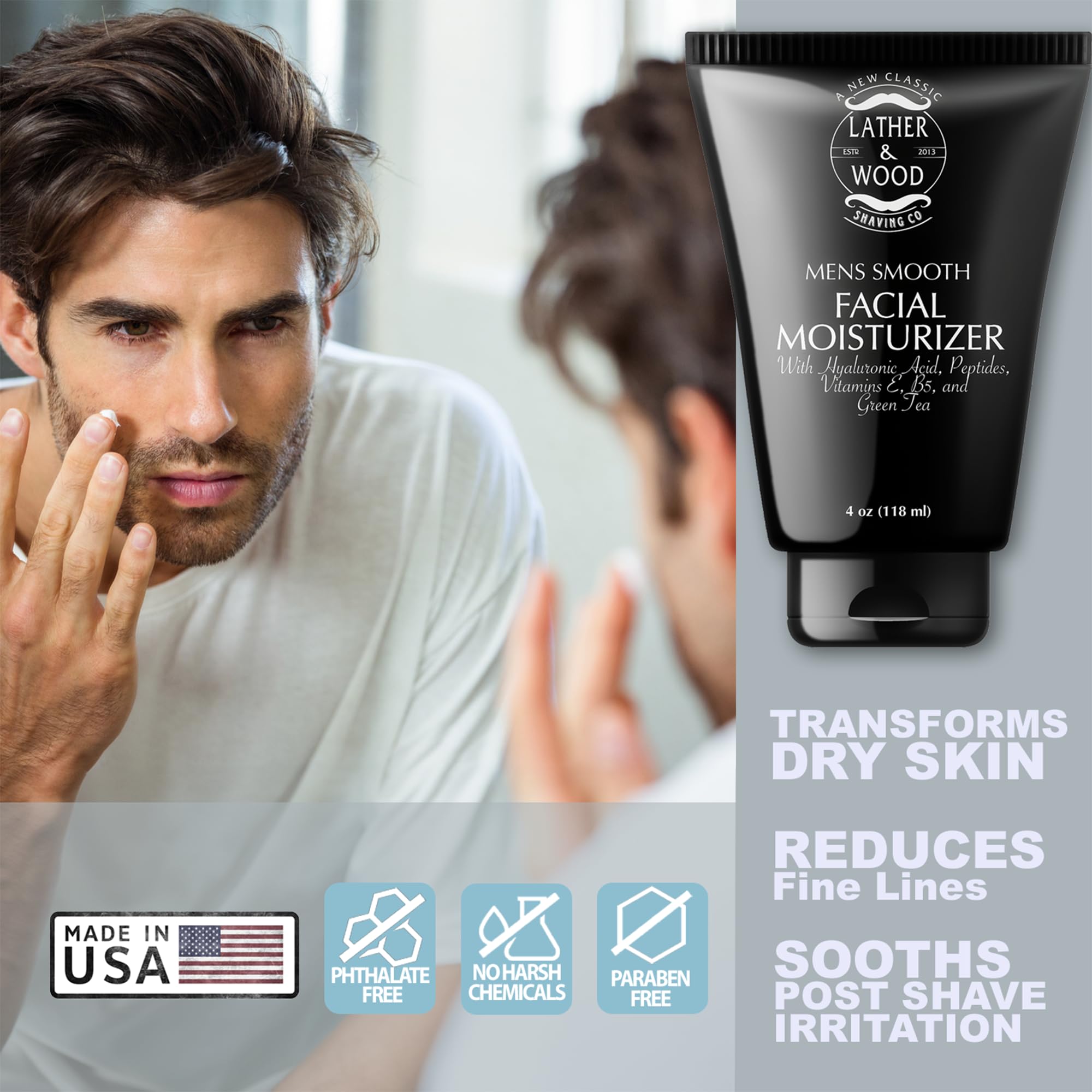 Premium Unscented Face Moisturizer for Men - Lather & Wood 4oz Fragrance-Free Facial Cream | Hydrating Daily Skincare for Dry & Sensitive Skin | Perfect for Shaving Routine & Post-Workout Care
