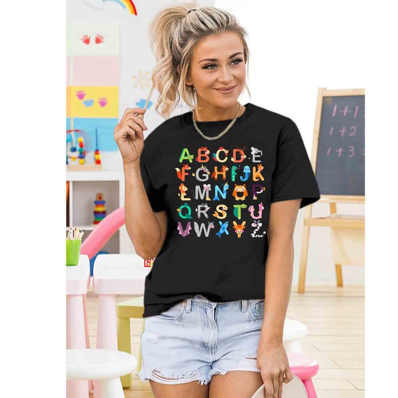 Funny ABC Animals Alphabet Graphic Tee for Women Teachers - Cute Kindergarten Teacher Shirt - Perfect Gift for Educators & Back to School Outfits - Classroom Teaching Apparel & Casual Wear
