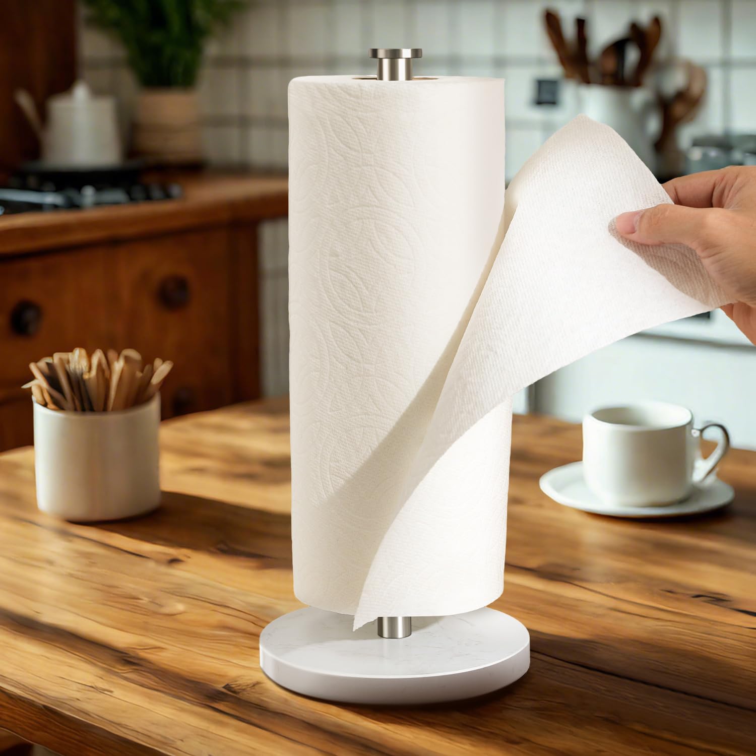 YIGII Silver Countertop Paper Towel Holder with Heavy Marble Base - One-Handed Tear Kitchen Roll Stand for Standard Paper Towels | Perfect for Kitchen Countertops, Office Break Rooms & Bathroom Storage