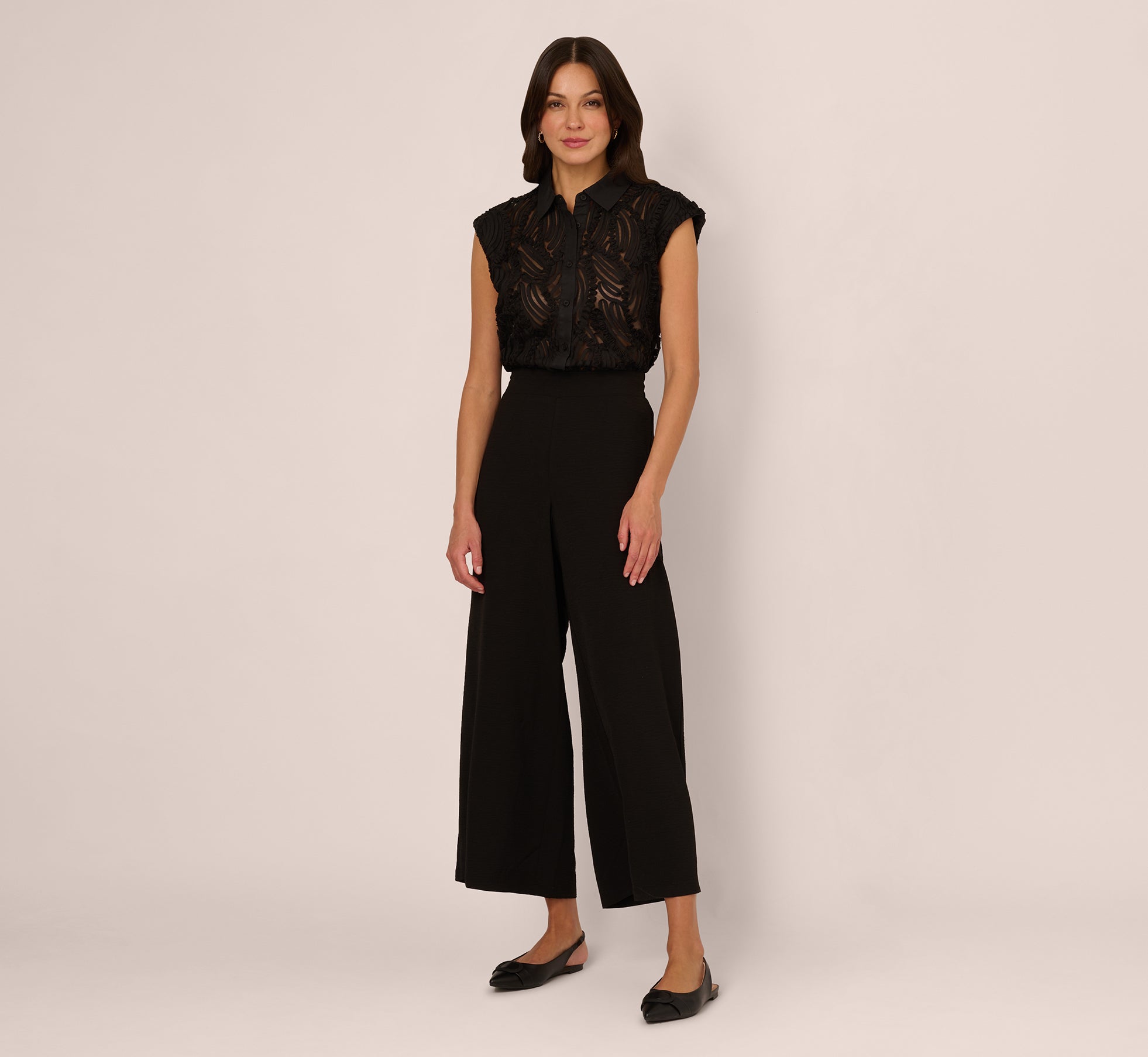 Breathable Wide Leg Pants & Sheer Soutache Vest Set - Black | Comfortable Summer Outfit for Women | Perfect for Casual Wear, Beach Vacation & Yoga