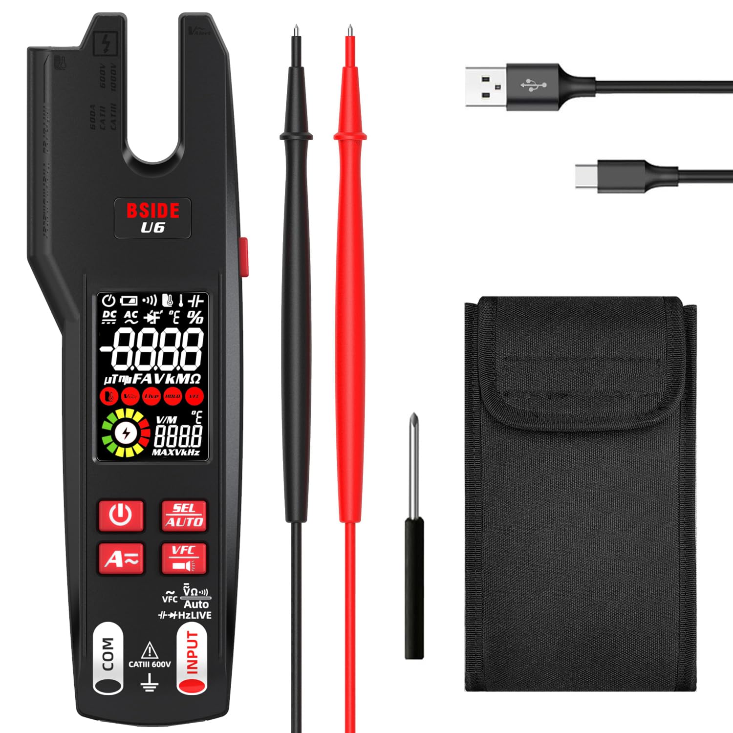 BSIDE Digital Clamp Meter - 9999 Counts Multimeter with AC/DC Current Tester, Infrared Thermometer, VFC Capacitance & Diode Check - Rechargeable Battery for Home Electrical Repair, HVAC & Automotive Diagnostics