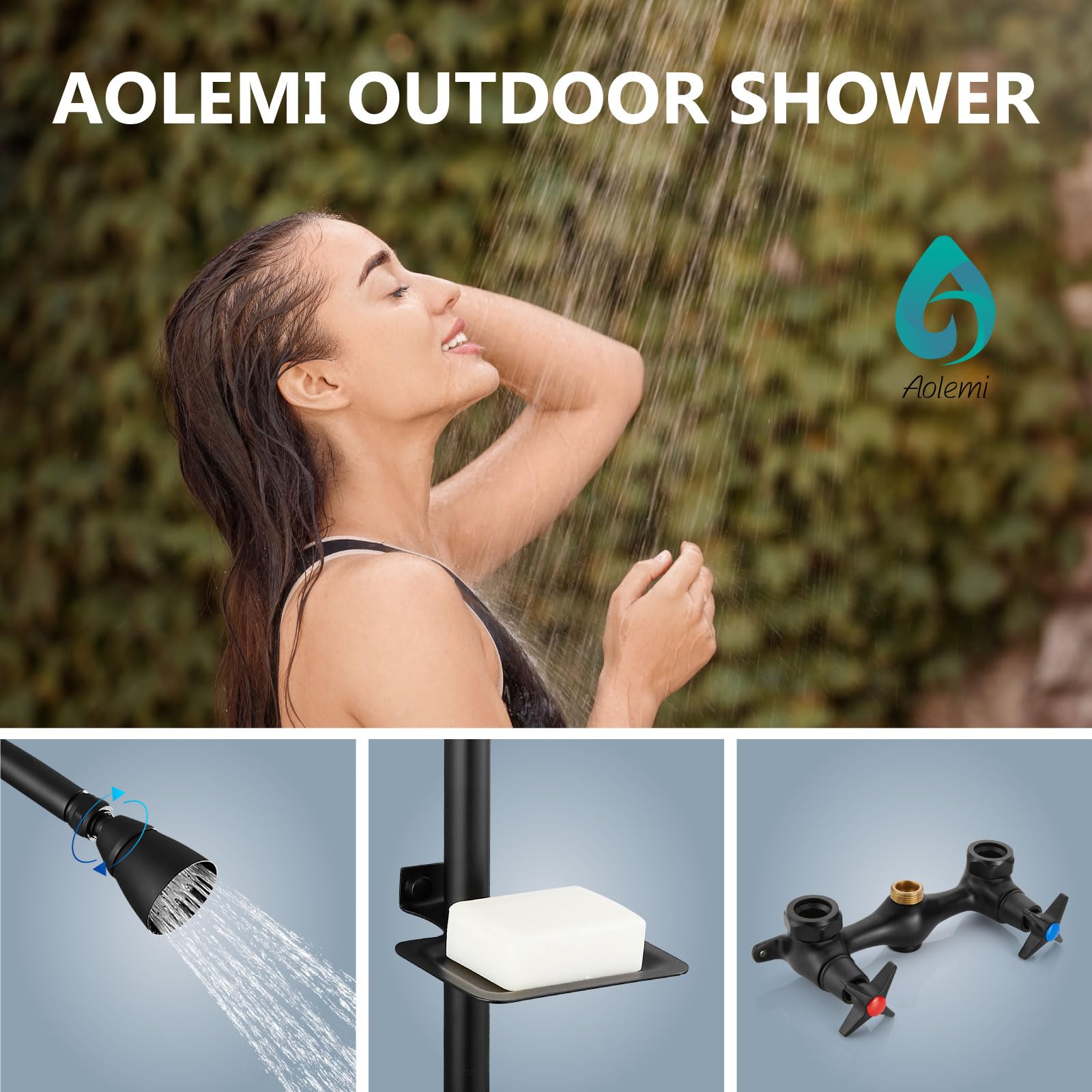 Aolemi Matte Black Outdoor Shower Kit with Brass Showerhead - Double Handle Exposed Faucet System, 6 Inch Center Brass Mix Valve & Soap Dish - Perfect for Backyard, Poolside, and Garden Shower Areas