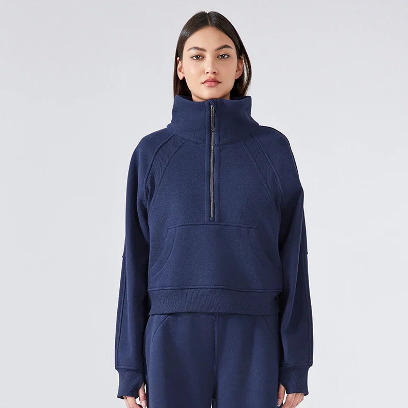 Women's Autumn Half-Zip Fleece Hoodie - Warm Stand Collar Pullover for Outdoor Sports & Casual Wear | Cozy Fall Layering Essential for Hiking, Running & Everyday Comfort