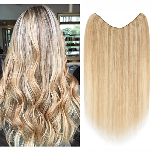 100% Human Hair Extensions - Invisible Wire In Hair Piece with Transparent Rubber Band, 24 Inch Silky Straight (Ash Blonde & Bleach Blonde, 80g) - Perfect for Daily Wear, Parties, Weddings & Special Occasions