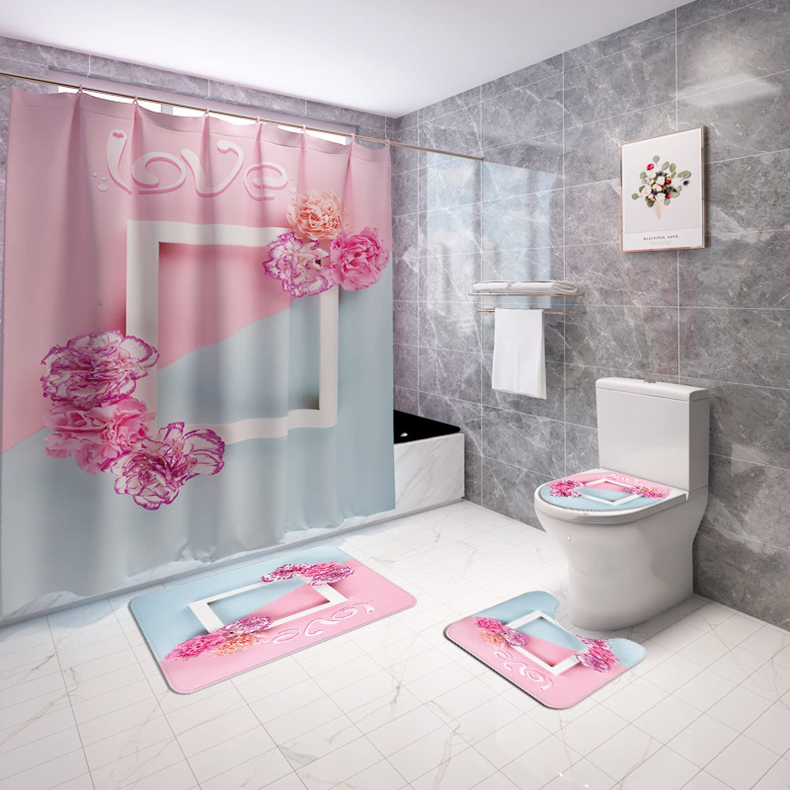 4-Piece Waterproof Shower Curtain Set with Non-Slip Bath Mat, Toilet Lid Cover & Accessories - Floral Print Bathroom Decor for Modern Homes | Perfect for Small Bathrooms, Guest Baths & Apartment Living