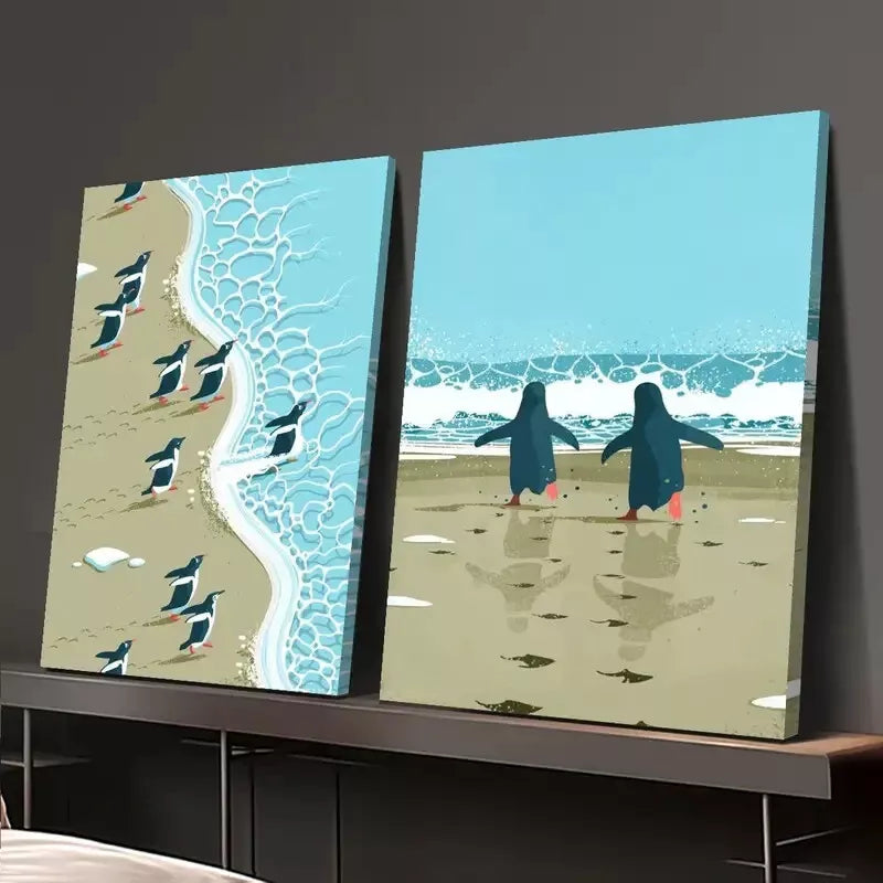 2pcs Penguins on the Beach Minimalist Surreal Art Print - Framed Canvas Wall Decor 50x75cm | High Quality Australian Made | Perfect for Living Room, Bedroom & Office Decor