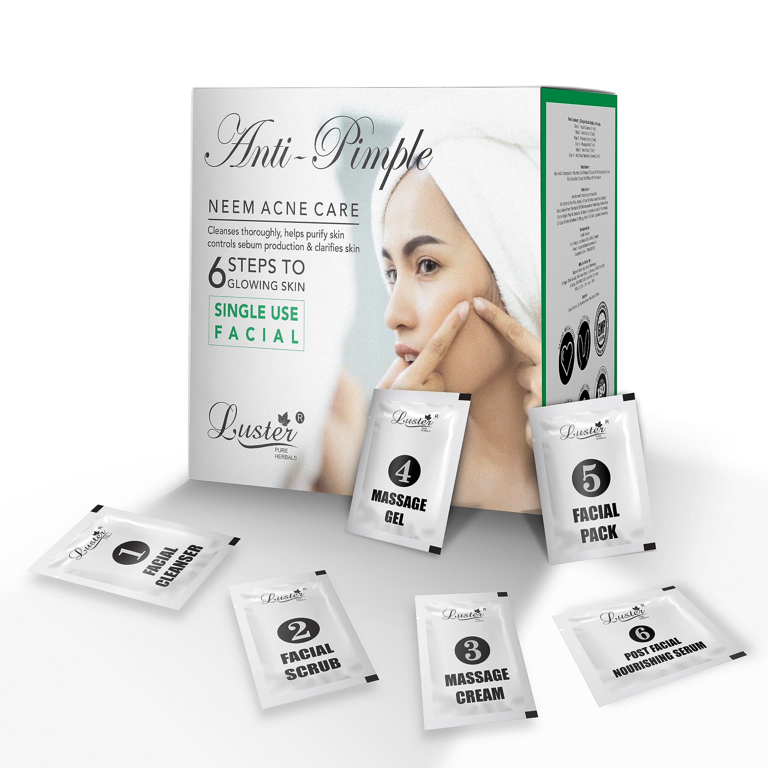 Luster Anti-Pimple Facial Kit - 6 Step Acne Treatment for Clear & Glowing Skin | Single Use Mini Facial Kit for Women & Men | Paraben & Sulfate Free (40g) | Perfect for Travel, Daily Skincare Routine & On-the-Go Pimple Care