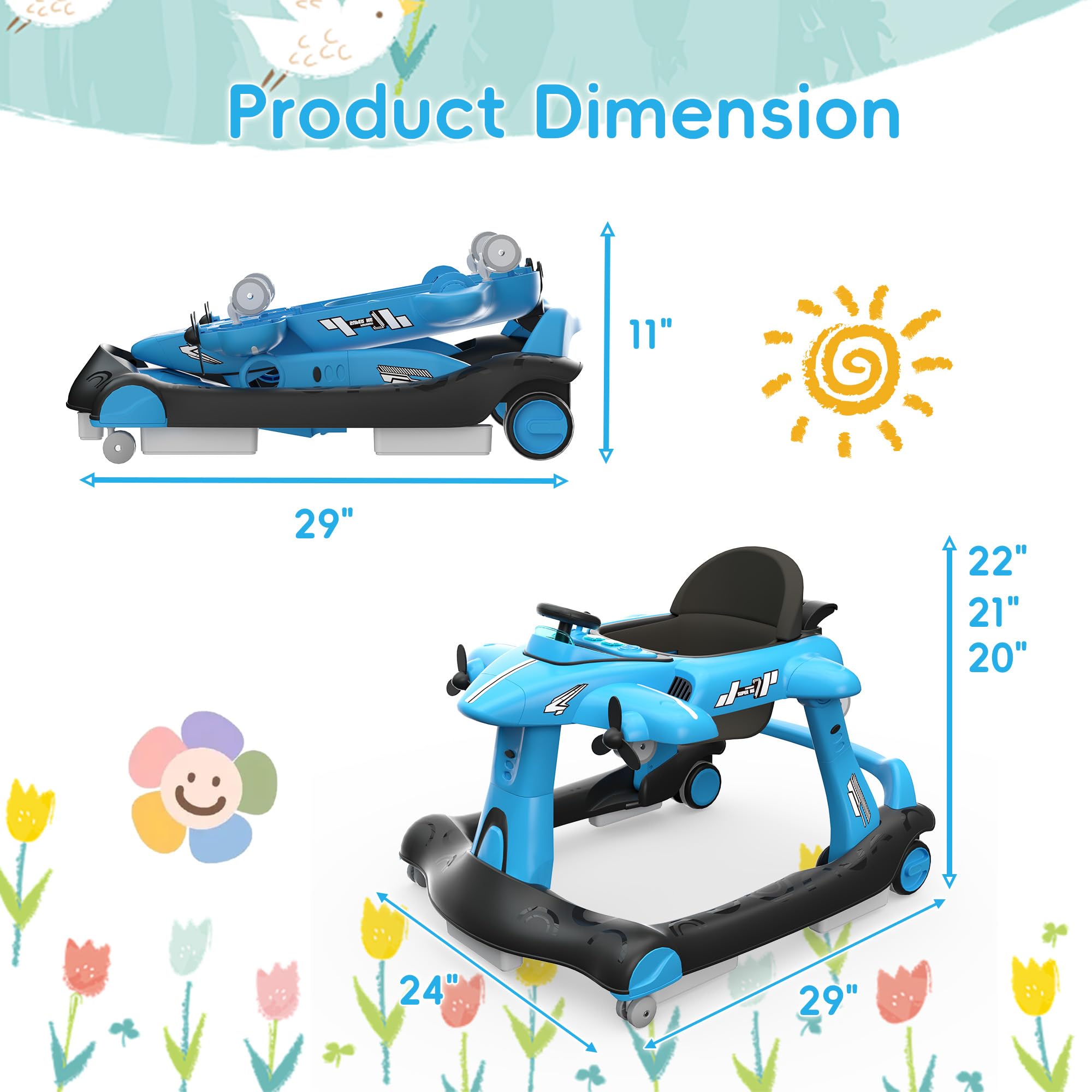 6-in-1 Foldable Baby Walker with Adjustable Height & Speed - Airplane-Themed Activity Push Walker with Music, Lights & Wheels - Anti-Slip Design for Boys & Girls 6-18 Months - Perfect for Learning to Walk & Indoor Playtime
