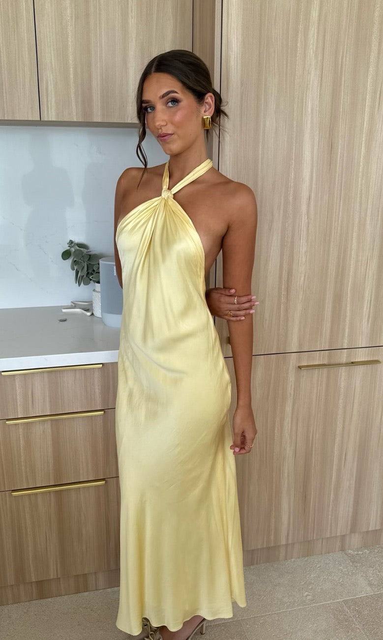 Elegant Yellow Halter Satin Prom Dress - J5891 for Evening Gala, Homecoming, and Formal Events