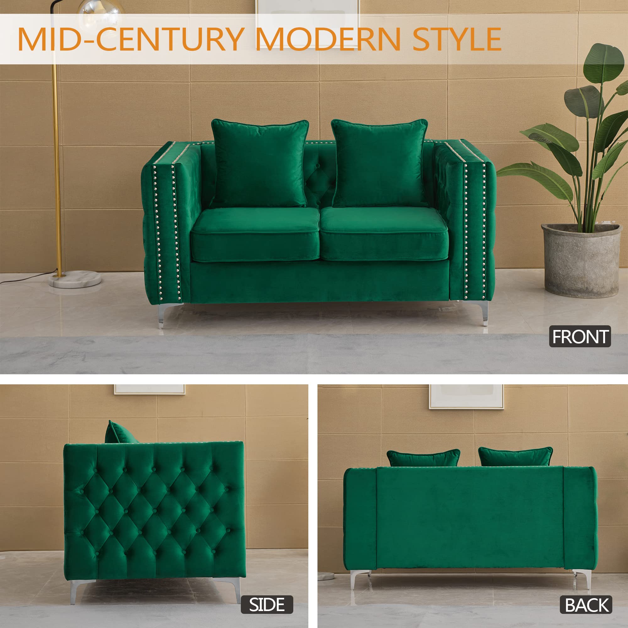 Mid-Century Modern Velvet Loveseat Sofa - Tufted Couch with Metal Legs for Living Room, Office & Bedroom - Emerald Green - Perfect for Small Spaces, Reading Nooks & Cozy Apartment Decor