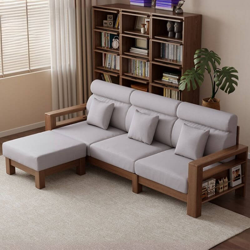 Minimalist Modern 4-Seater Sofa Couch with Square Arm, Storage Ottoman & 2 Pillows - Dark Grey/Cream - Perfect for Living Room, Lounge & Small Spaces