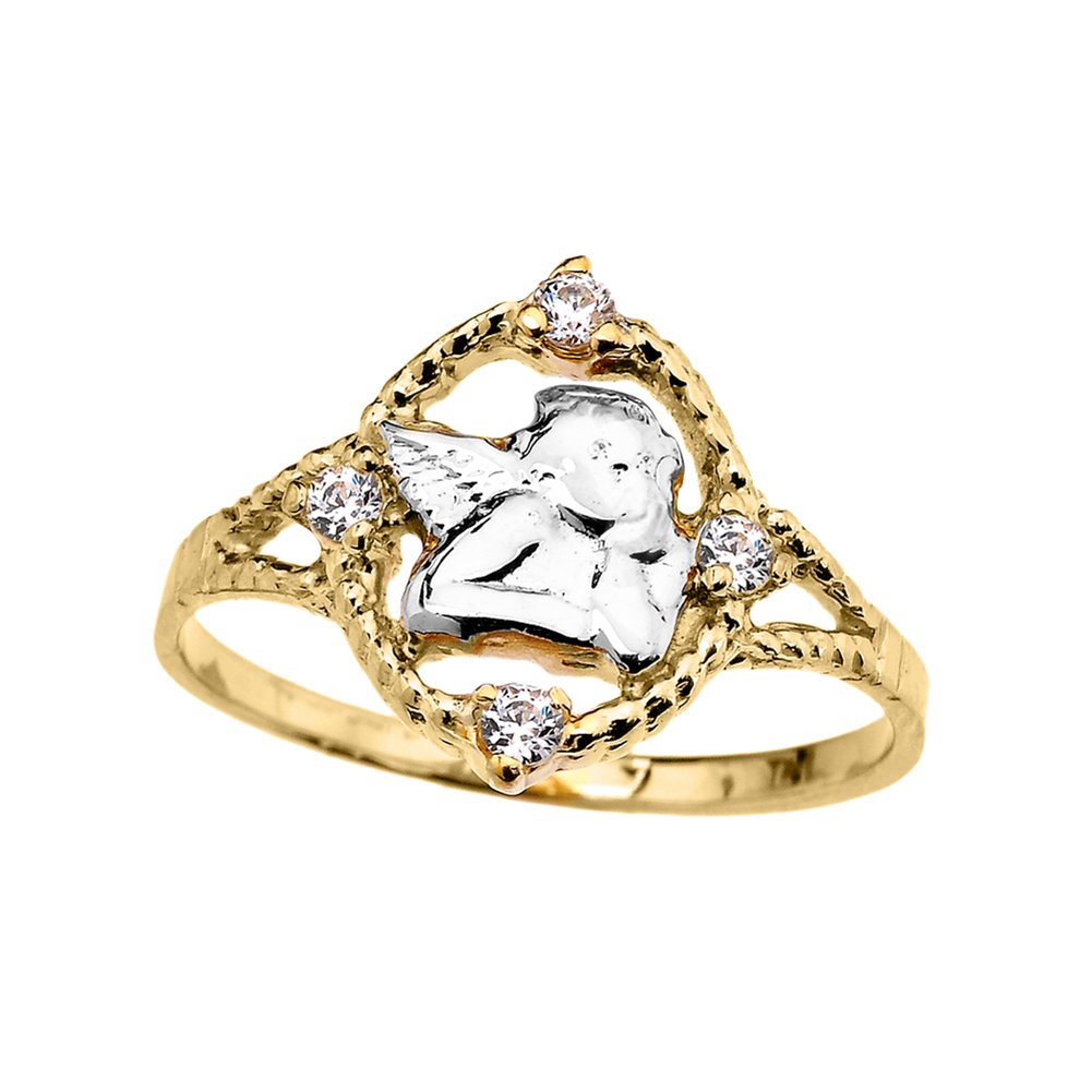 10K Yellow Gold CZ Rope Two-Tone Angel Ring for Women - Elegant Jewelry Gift for Valentine's Day, Anniversary & Special Occasions
