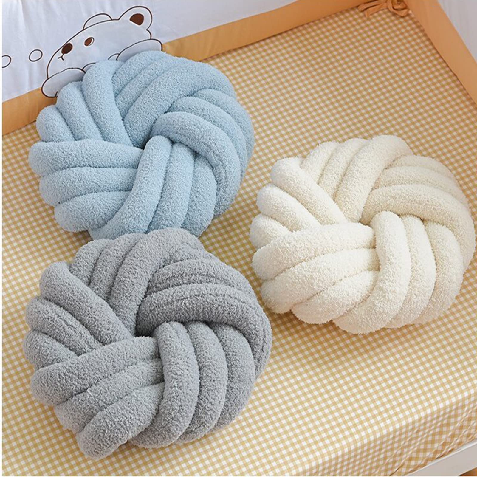 Soft Round Knot Ball Pillow 16x16 - Light Grey Lamb Wool Cushion for Girls & Women | Decorative Throw Pillow for Bedroom, Living Room & Nursery Decor