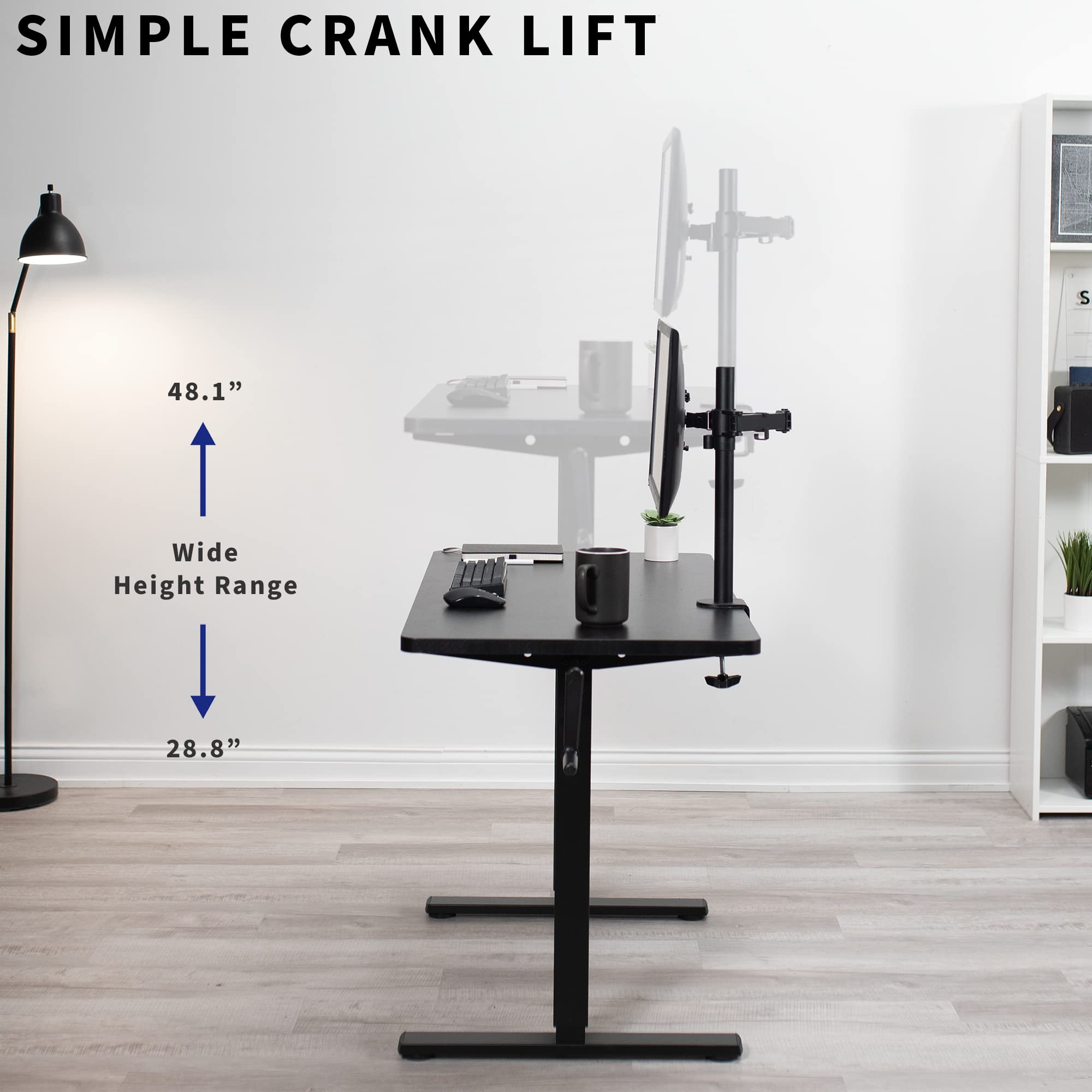 VIVO 43 x 24 Inch Adjustable Standing Desk - Manual Height Adjustable Workstation with Solid Black Table Top & White Frame, Foldable Handle - Perfect for Home Office, Small Spaces & Ergonomic Workspaces