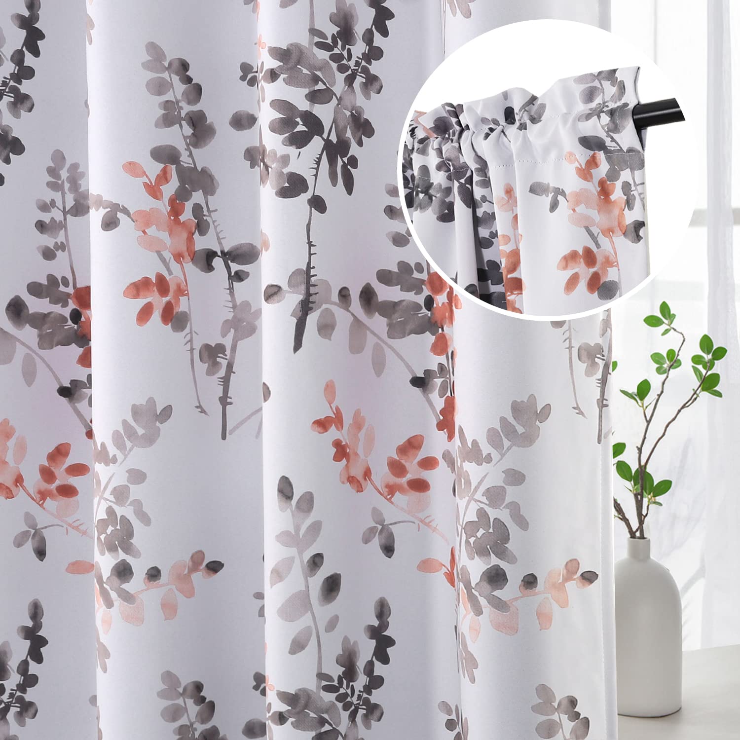 H.VERSAILTEX 84 Inch Floral Print Blackout Curtains - 2 Panels, Rod Pocket Window Treatments for Bedroom in Classic Grey & Coral Floral Pattern | Perfect for Home Decor, Living Room & Nursery Light Control