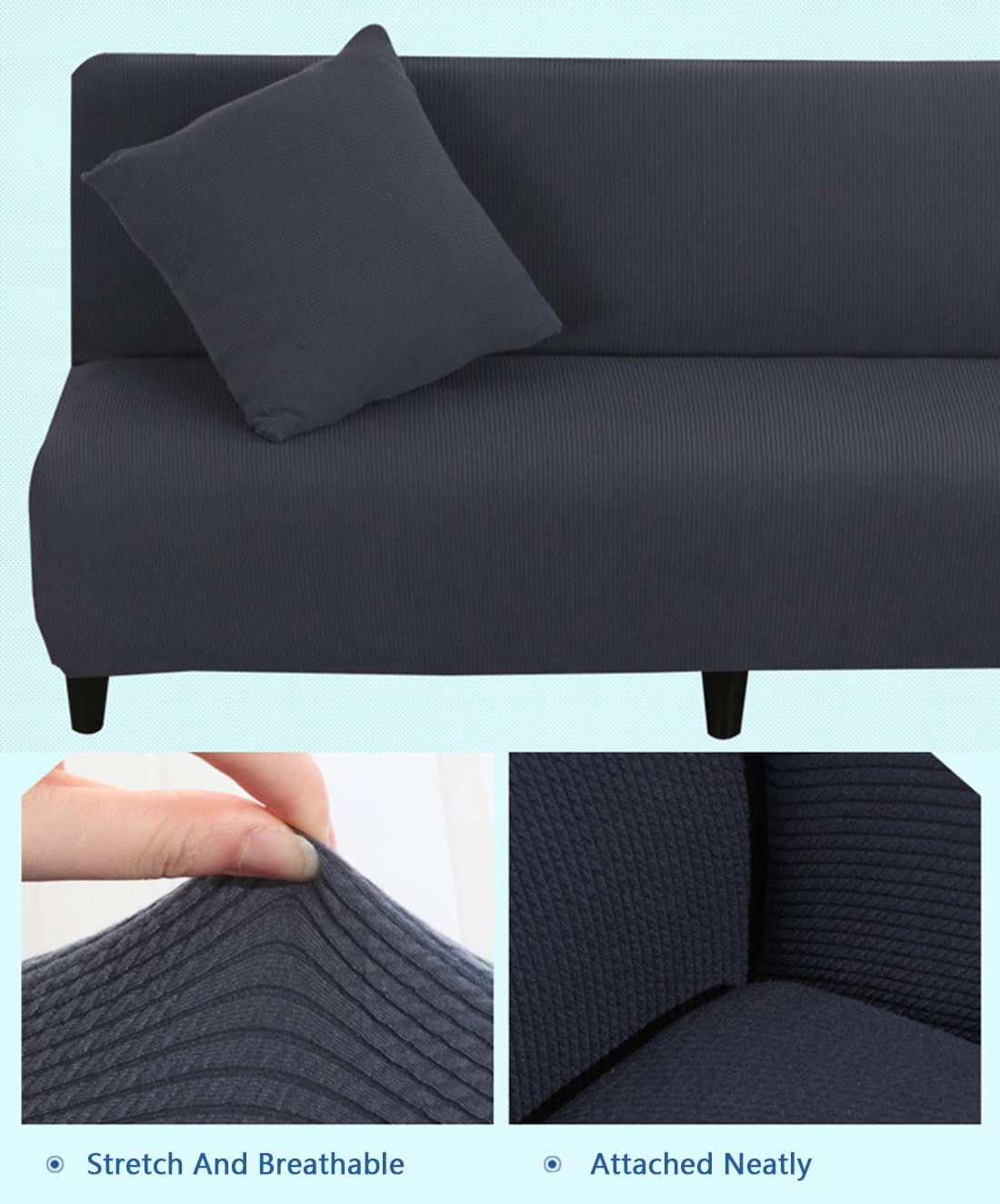 YOPOIY Stretch Folding Sofa Bed Cover - Solid Color Jacquard Knitted Armless Futon Slipcover - Universal Sofa Protector with Pillowcase (Grey) - Perfect for Living Rooms, Guest Rooms & Small Spaces