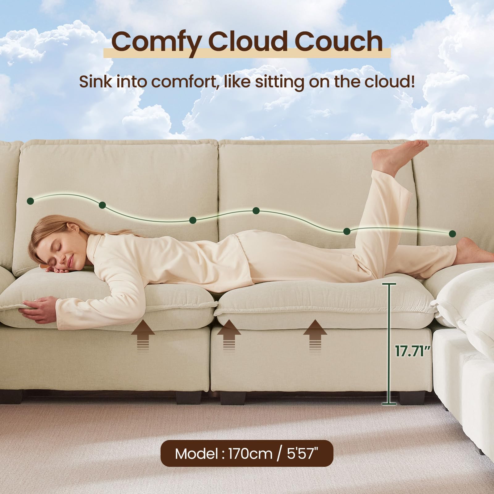 L-Shaped Modular Sectional Sofa with Reversible Chaise - Deep Seat Cloud Couch with Padded Armrests - Soft Chenille Fabric - Perfect for Living Room, Apartment & Office (Beige) | Comfortable Lounge & Entertainment Seating for Family Gatherings & Movie Nights