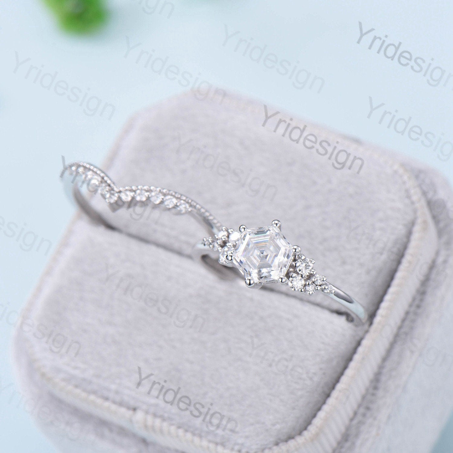 Hexagon Cut Moissanite Ring Set - Vintage Cluster Diamond Engagement Ring in Rose Gold, Unique Art Deco Bridal Jewelry for Women, Anniversary Gift, Wedding Proposal, Special Occasion Jewelry